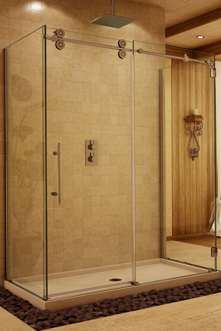 Heavy glass shower doors in bathroom