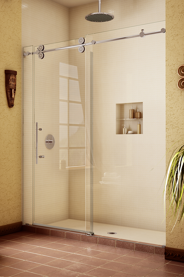 White bathroom with heavy shower doors installed