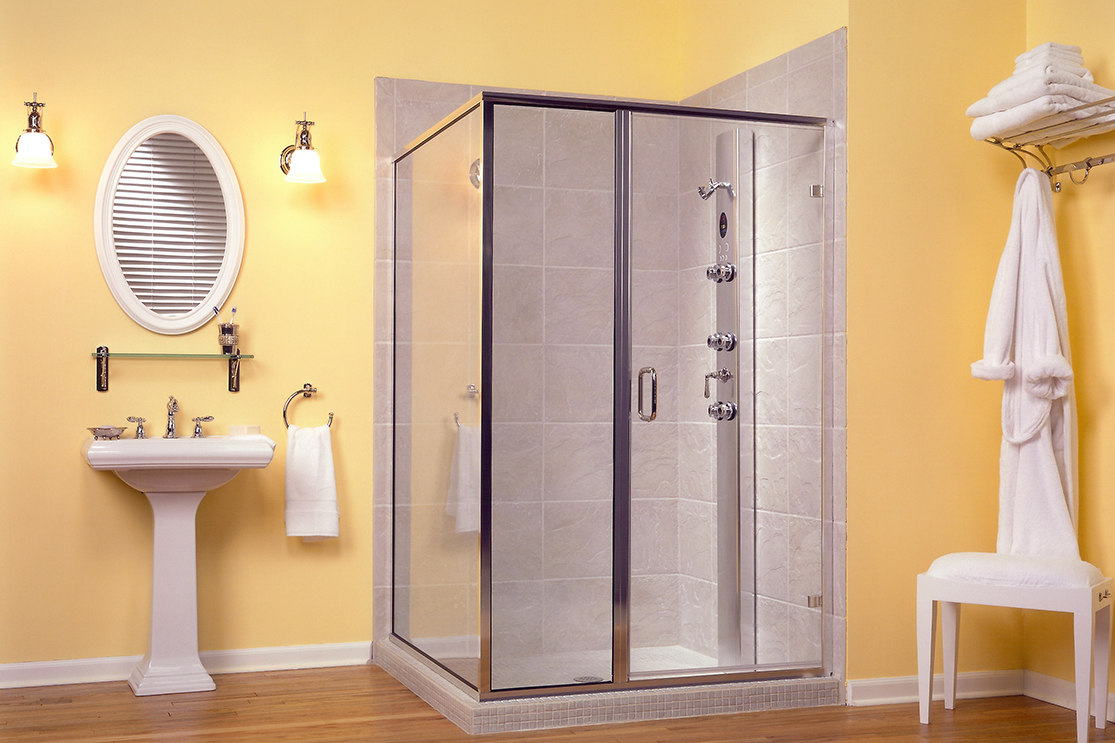 Yellow bathroom standard shower door